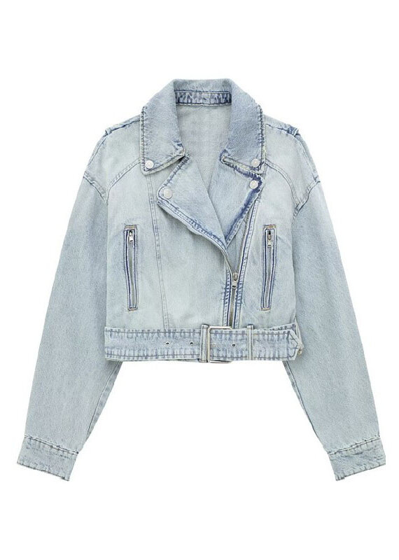 Sundayup Clothing Notched Collar Belted Denim Jacket