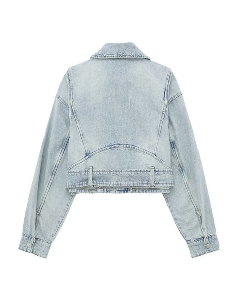 Notched Collar Belted Denim Jacket - Firefly