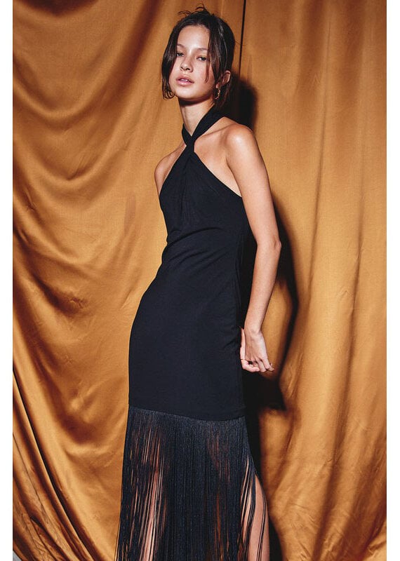 Dress Forum Black High Neck Fringe Trimmed Dress