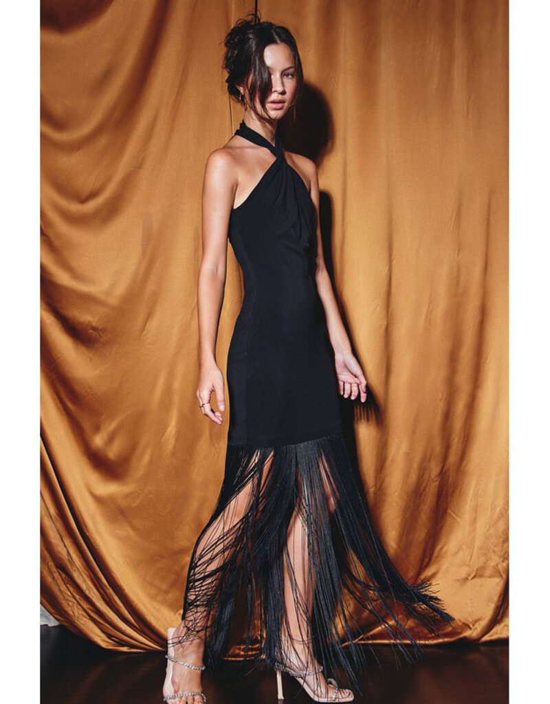 Dress Forum Black High Neck Fringe Trimmed Dress