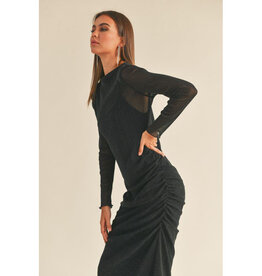 Miou Muse Black Shimmer Mesh Draped Dress