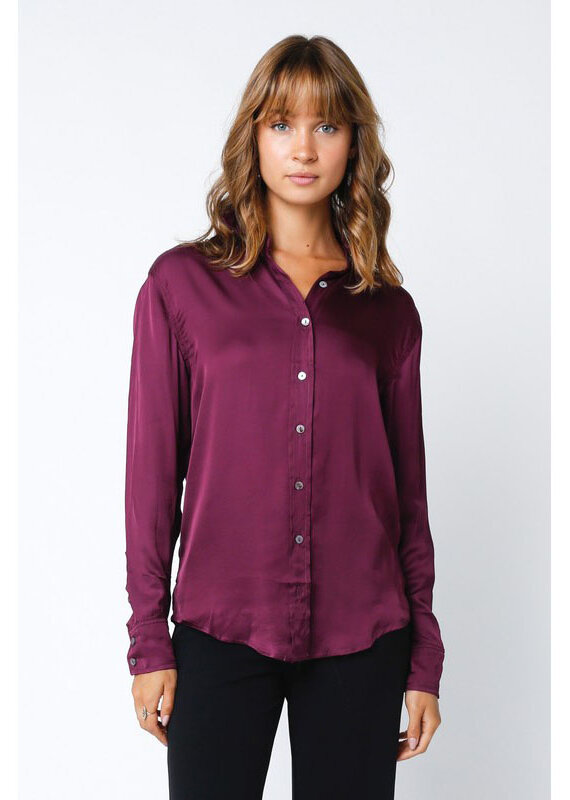 Olivaceous Burgundy Satin Button Up Top