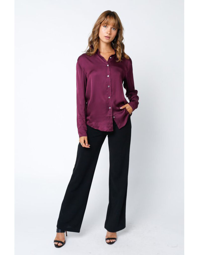Olivaceous Burgundy Satin Button Up Top