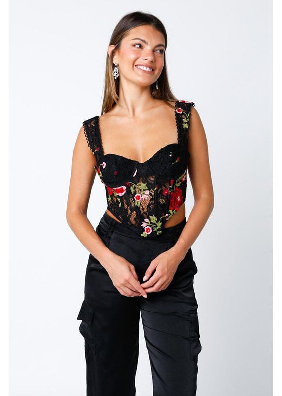 Olivaceous Black + Red Floral Printed Sweetheart Top