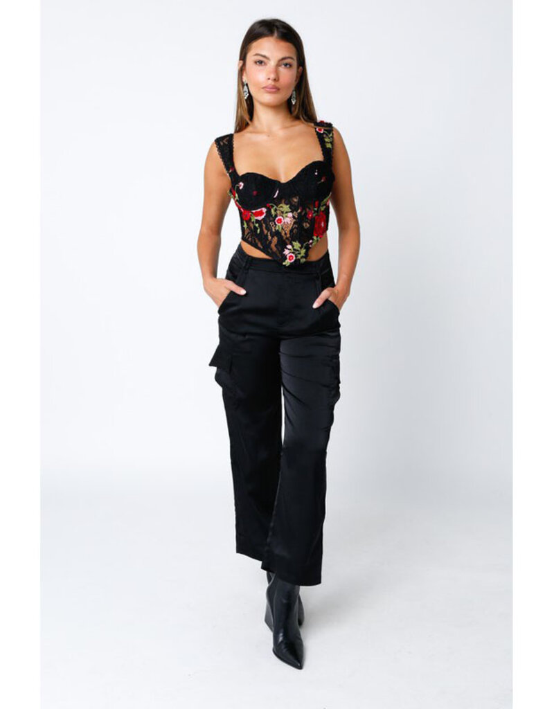 Olivaceous Black + Red Floral Printed Sweetheart Top