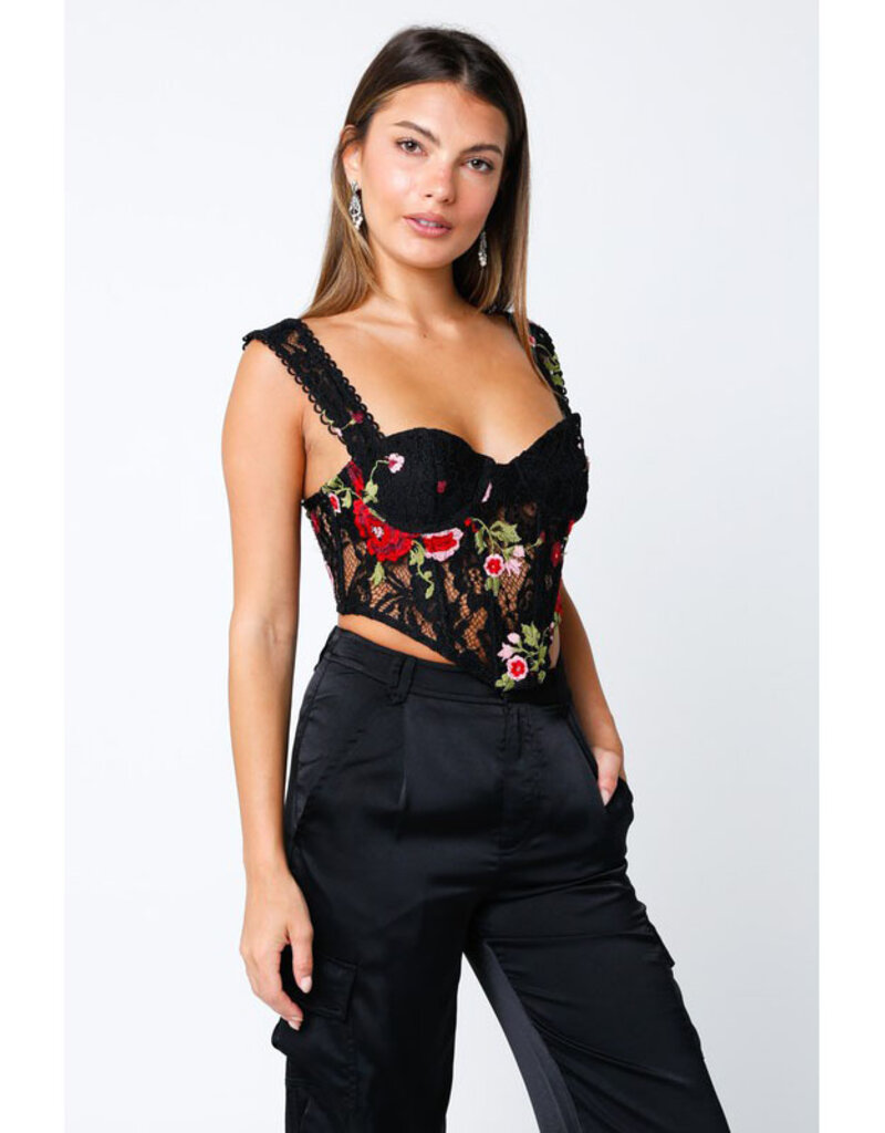 Olivaceous Black + Red Floral Printed Sweetheart Top