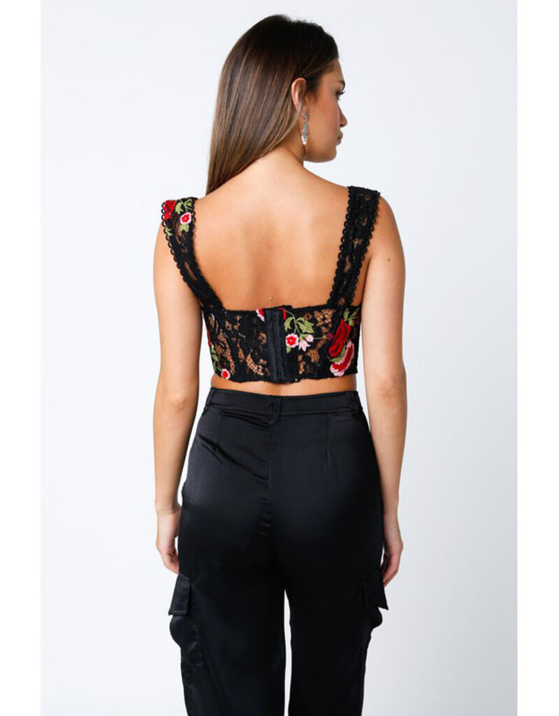 Olivaceous Black + Red Floral Printed Sweetheart Top