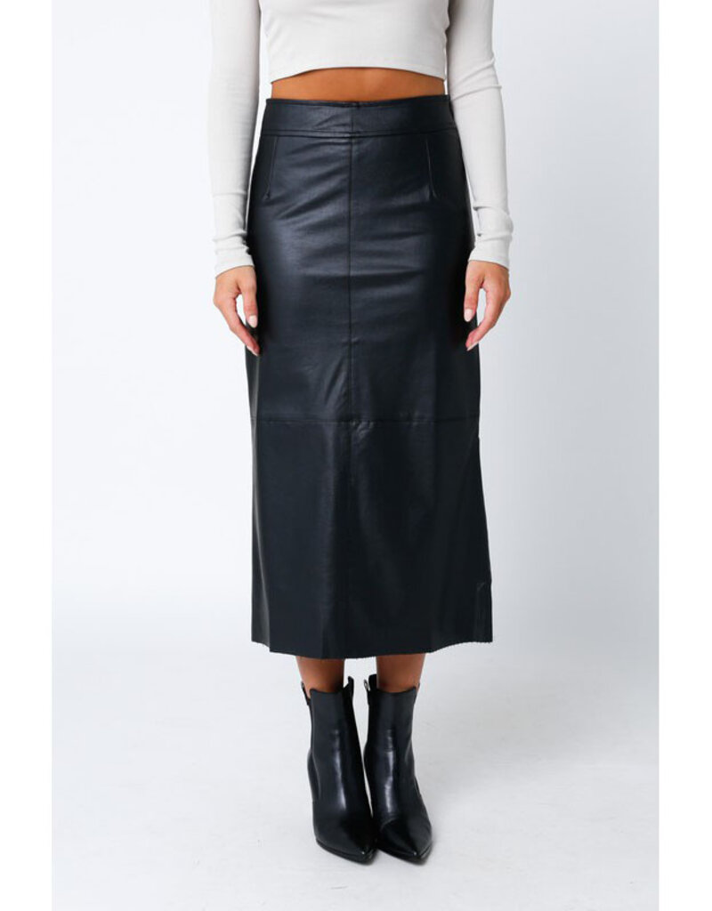 Olivaceous Black Straight Faux Leather Midi Skirt