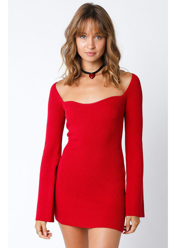 Olivaceous Red Knit Sweetheart Mini Dress