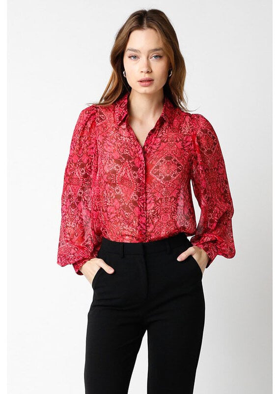 Olivaceous Burgundy Printed Puff Sleeve Button Up Top