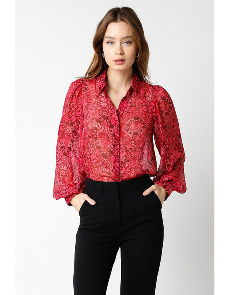 Olivaceous Burgundy Printed Puff Sleeve Button Up Top