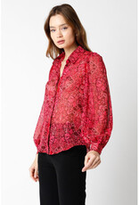 Olivaceous Burgundy Printed Puff Sleeve Button Up Top