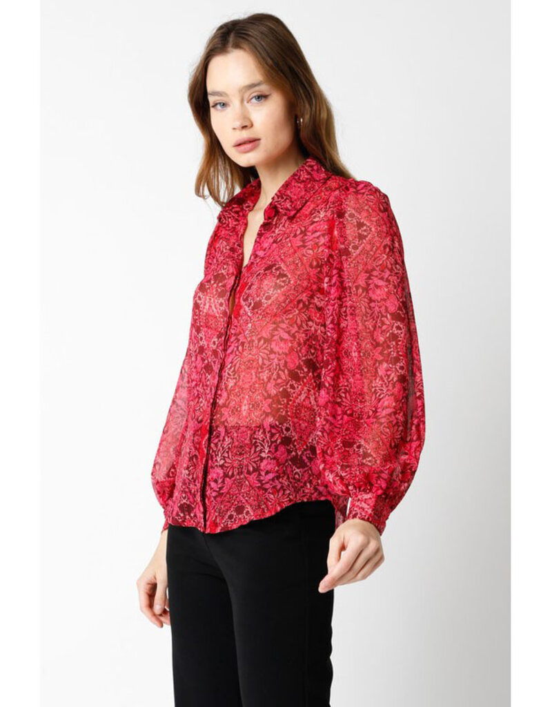 Olivaceous Burgundy Printed Puff Sleeve Button Up Top