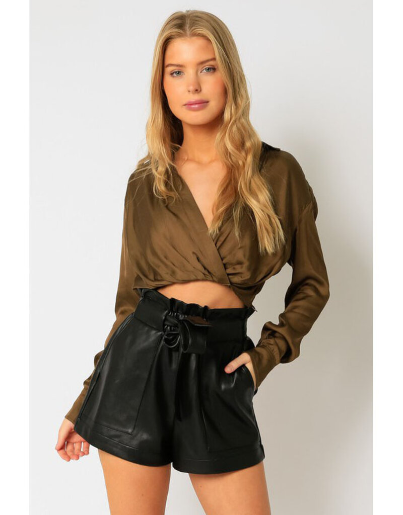 Olivaceous Chai Satin Cropped Button Up