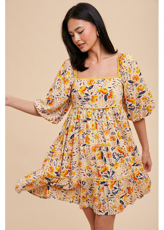 In Loom Mustard Floral Boho Mini Dress