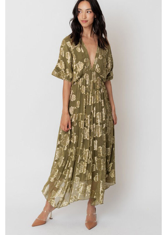 En Creme Olive & Gold Kimono Maxi Dress