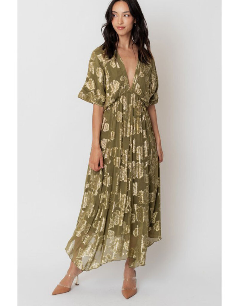 En Creme Olive & Gold Kimono Maxi Dress