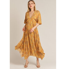 En Creme Mustard Print Kimono Maxi Dress