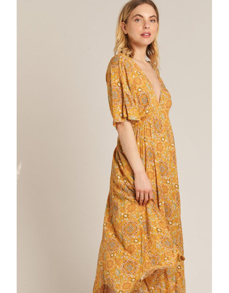 En Creme Mustard Print Kimono Maxi Dress