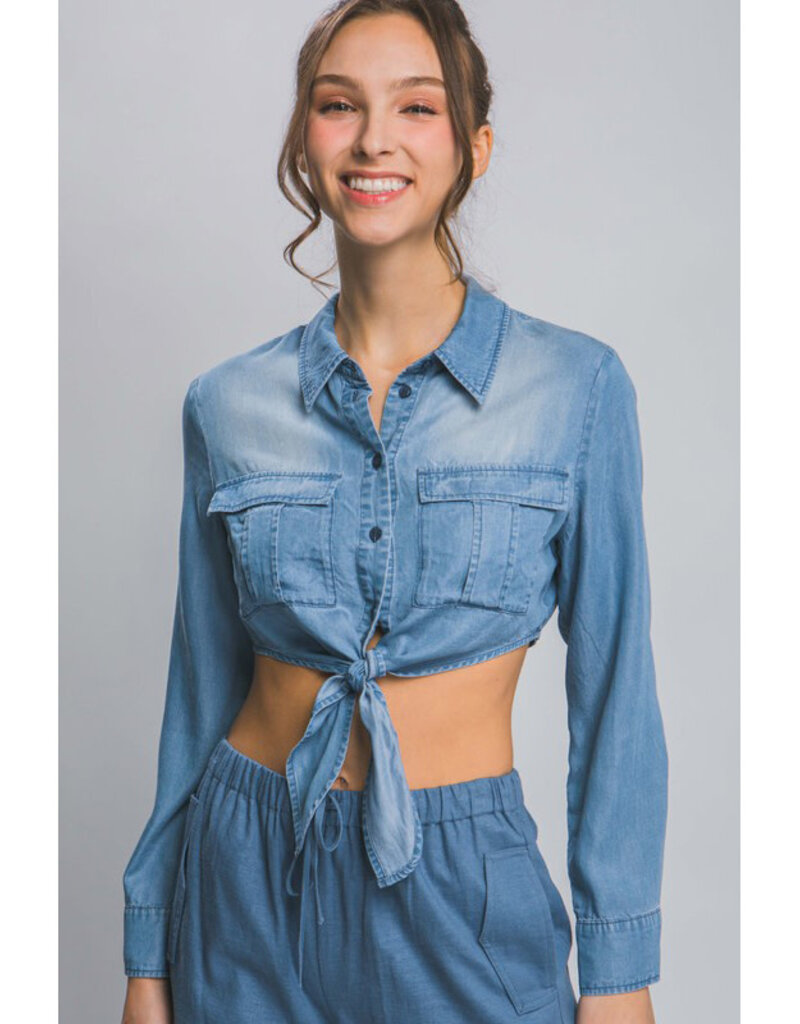 Love Tree Cropped Denim Button Down