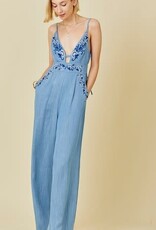 Main Strip Embroidered Plunge Denim Jumpsuit