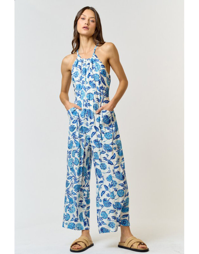 lalavon Blue Floral Halter Jumpsuit
