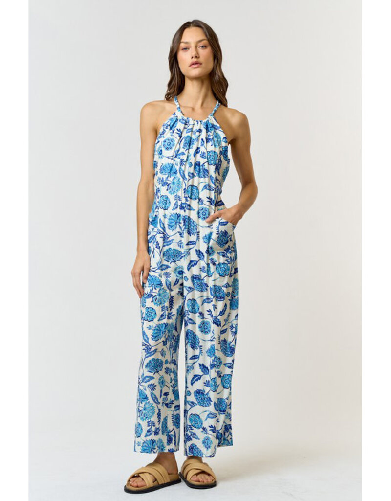 lalavon Blue Floral Halter Jumpsuit