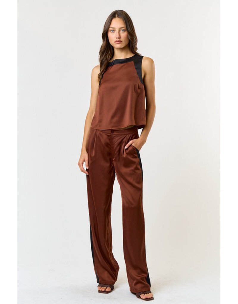 lalavon Satin Contrast Top & Wide Leg Pants Set