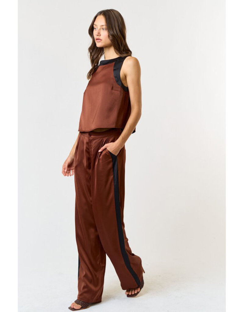 lalavon Satin Contrast Top & Wide Leg Pants Set