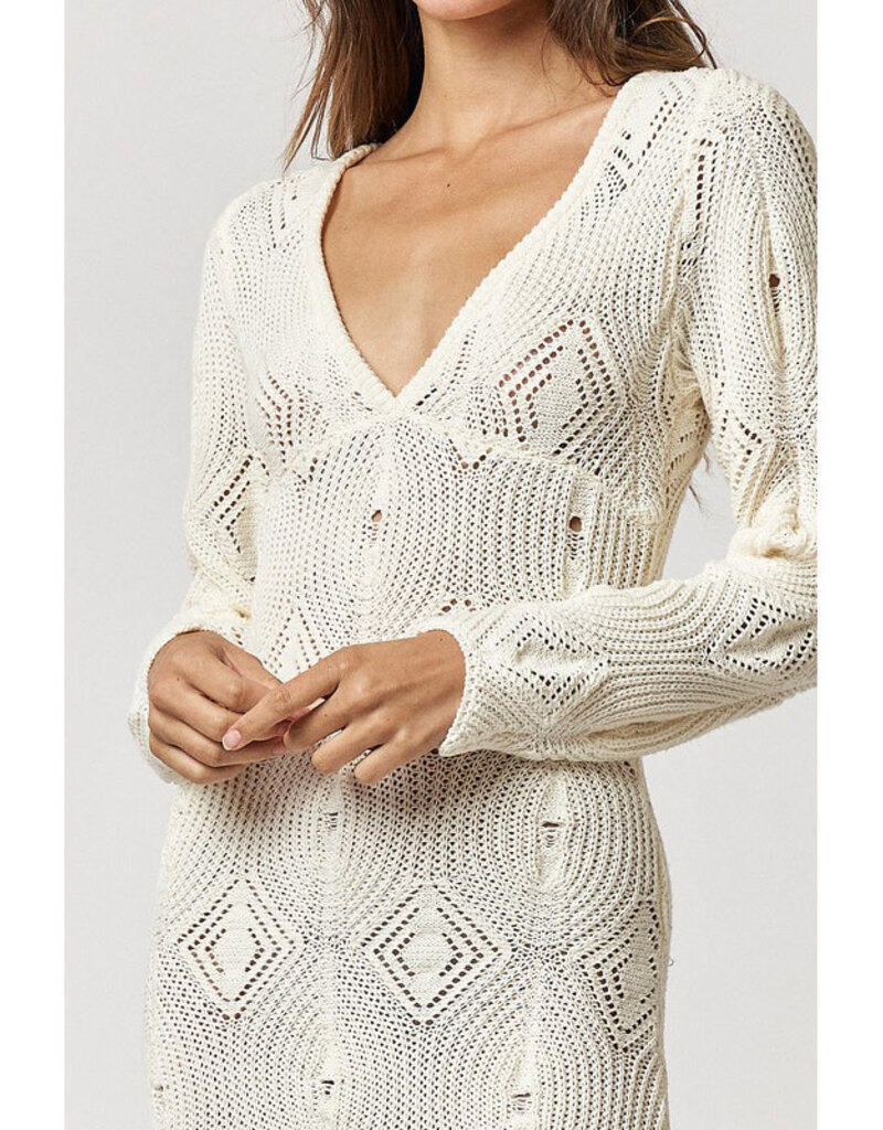 lalavon Knit Fringe Cream Maxi Dress