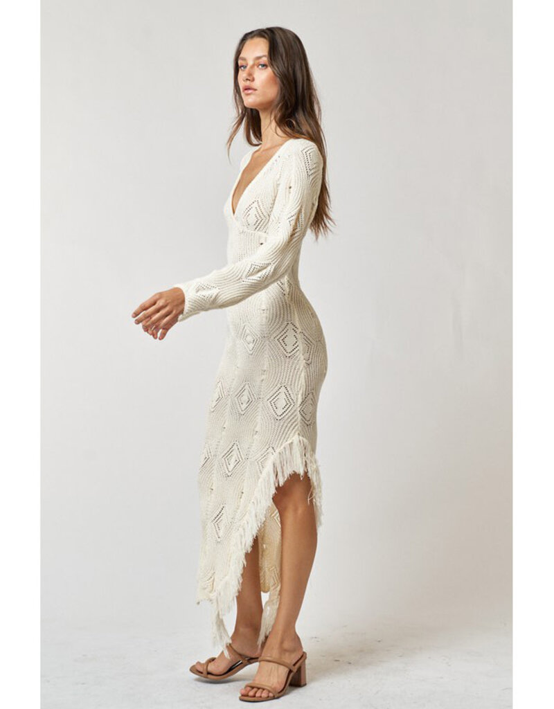 lalavon Knit Fringe Cream Maxi Dress