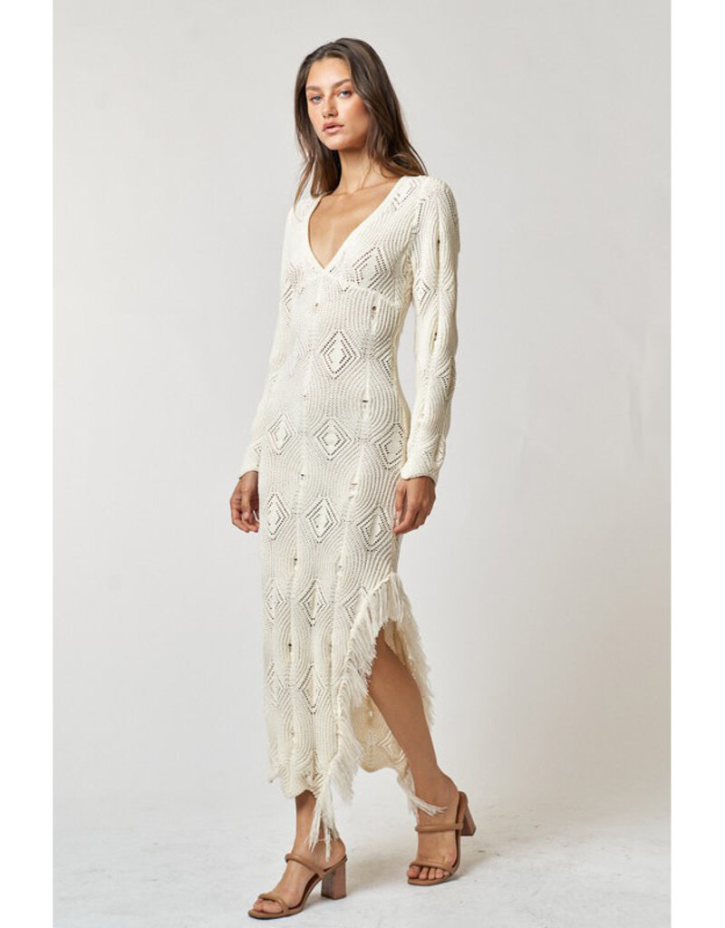 lalavon Knit Fringe Cream Maxi Dress