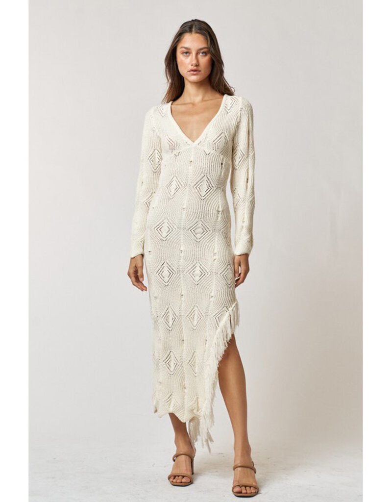 lalavon Knit Fringe Cream Maxi Dress