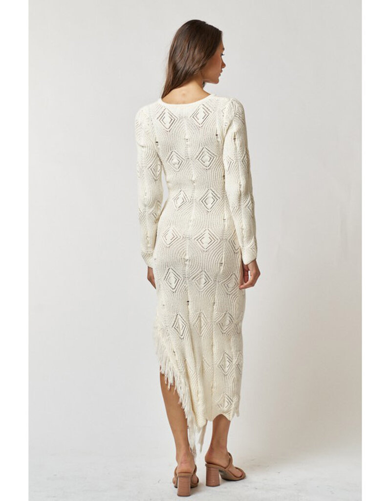 lalavon Knit Fringe Cream Maxi Dress