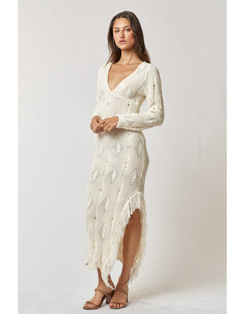 lalavon Knit Fringe Cream Maxi Dress