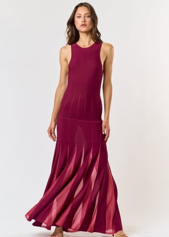 lalavon Wine Midi Dress w/Mesh Insert