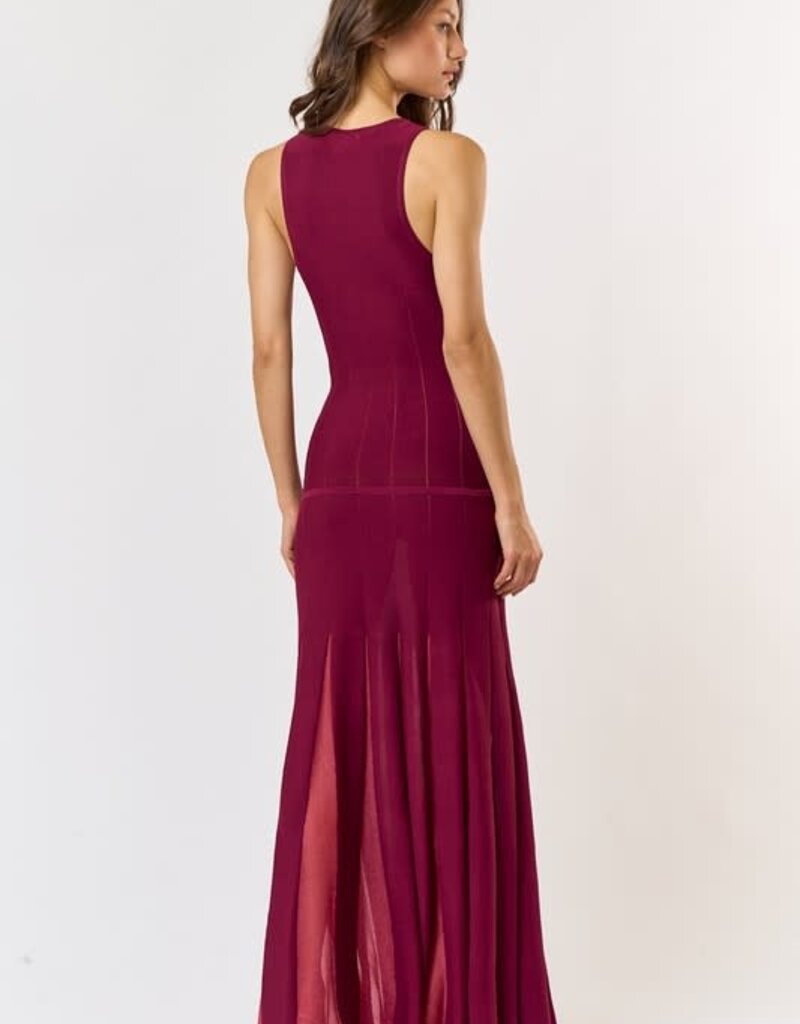 lalavon Wine Midi Dress w/Mesh Insert