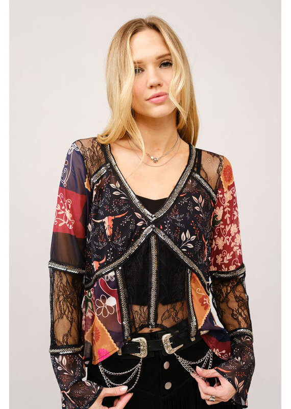 blue b. collection Lace Inset Beaded Top