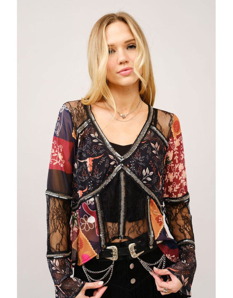 blue b. collection Lace Inset Beaded Top