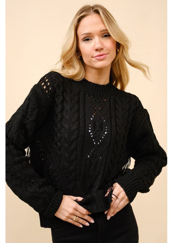 blue b. collection Cable Knit Fringe Sweater