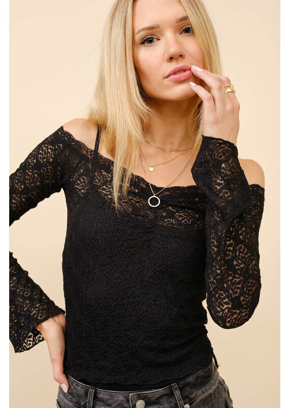 blue b. collection Sheer Lace Bell Sleeve Top