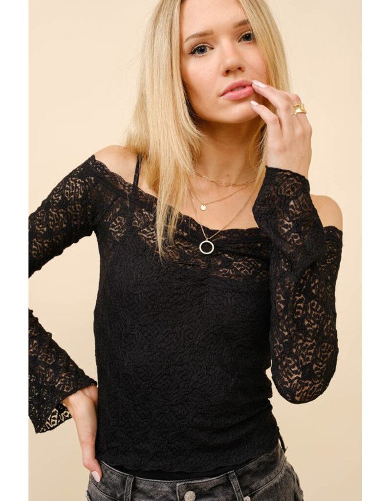 blue b. collection Sheer Lace Bell Sleeve Top