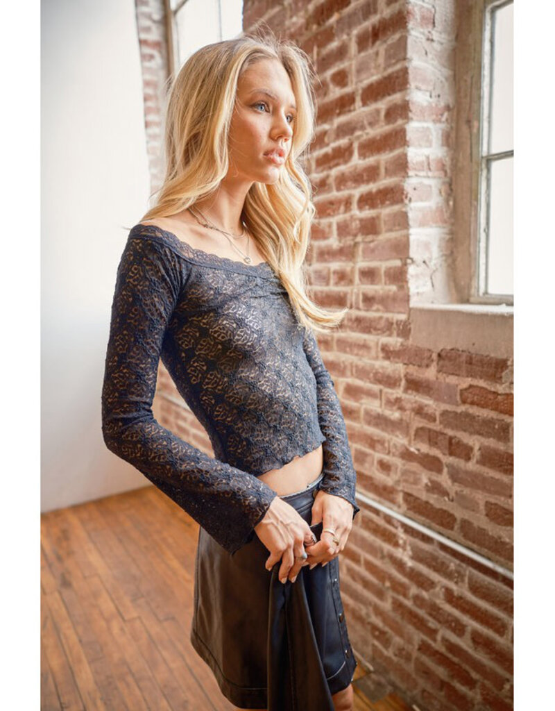 blue b. collection Sheer Lace Bell Sleeve Top