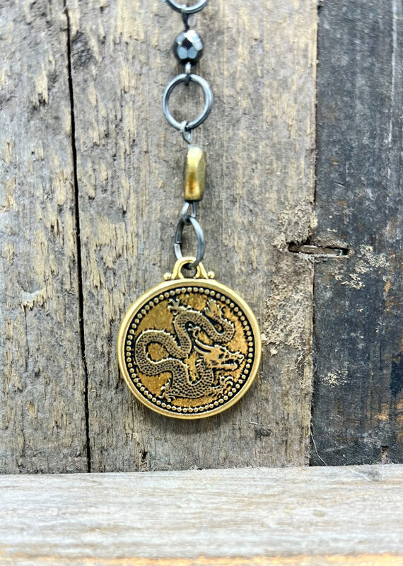 Coven Dragon Coin Pendant Beaded Necklace