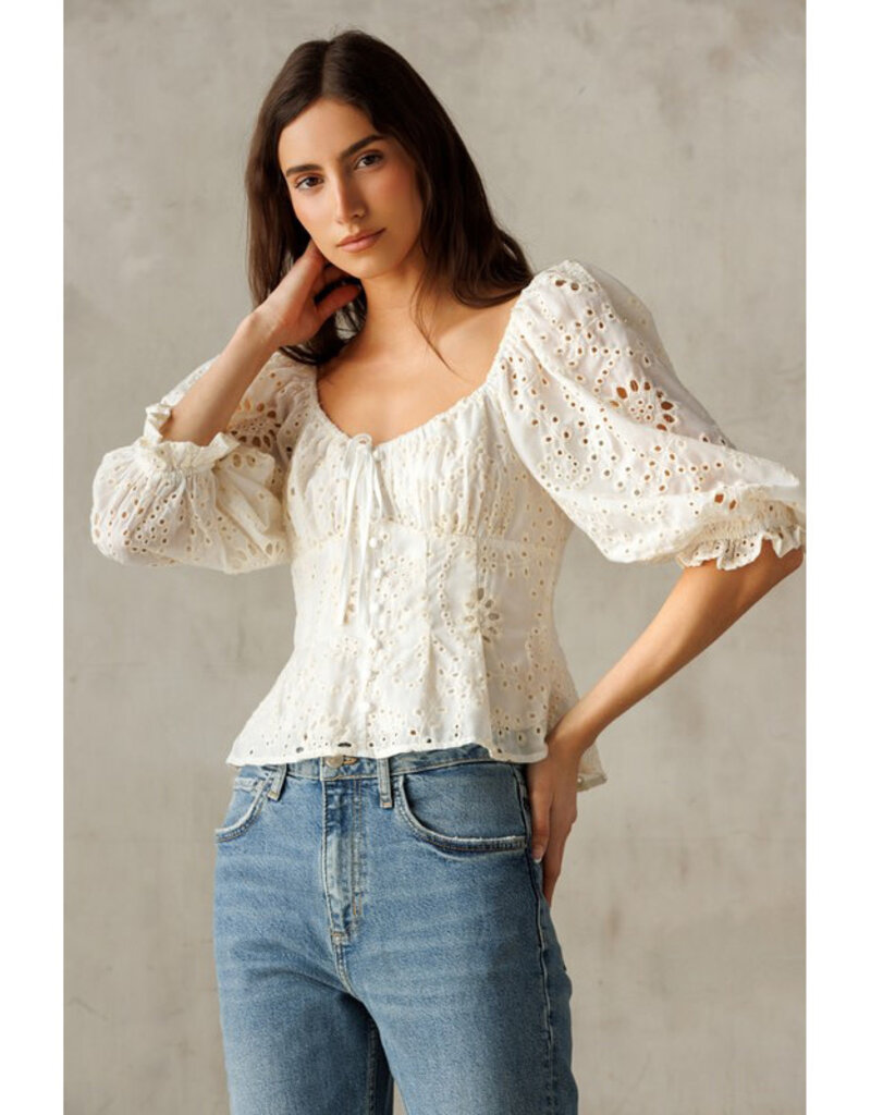 Storia White Eyelet Button Top