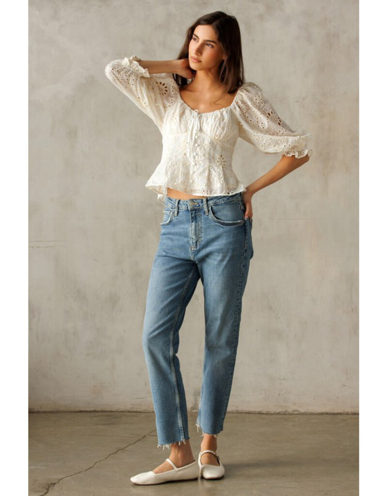 Storia White Eyelet Button Top