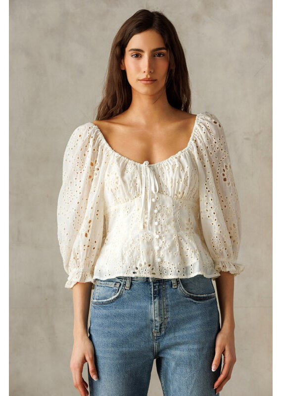 Storia White Eyelet Button Top
