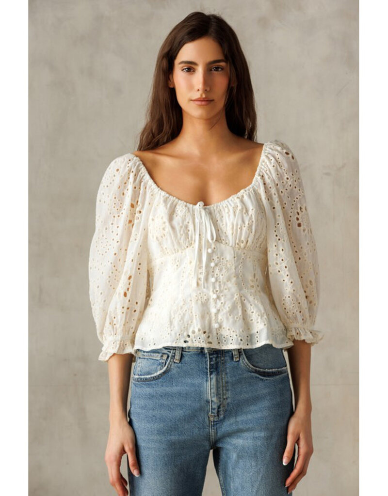 Storia White Eyelet Button Top