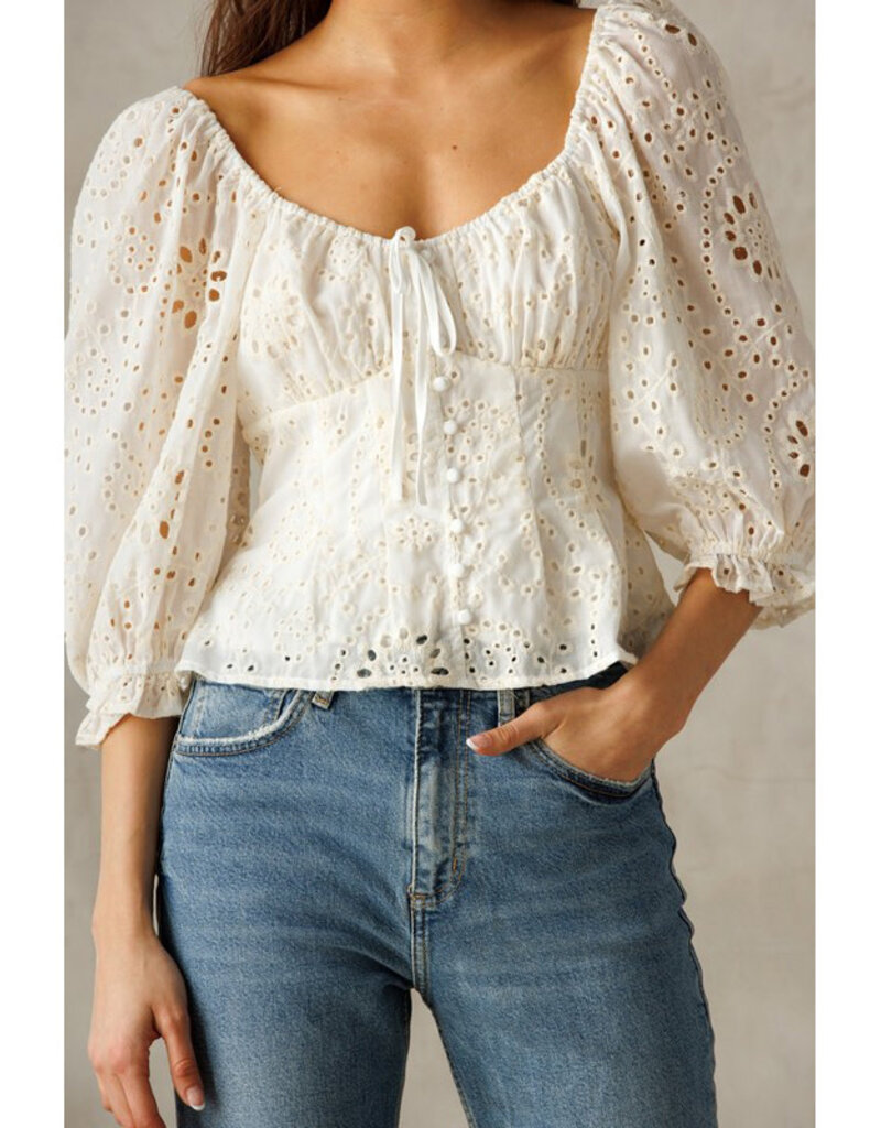 Storia White Eyelet Button Top