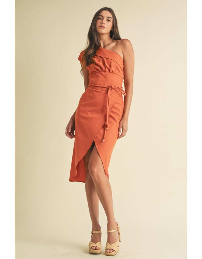 Endless Blu Structured One Shoulder Midi Dress